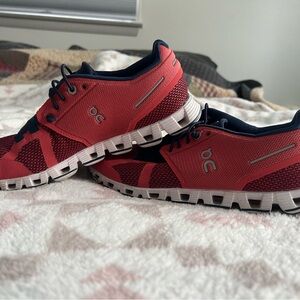 On Running Coral and Navy Sneakers